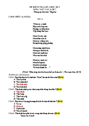 Đề kiểm tra giữa học kì 1 Ngữ văn Lớp 7 (Sách Chân trời sáng tạo) - Năm học 2022-2023 (Có hướng dẫn chấm)